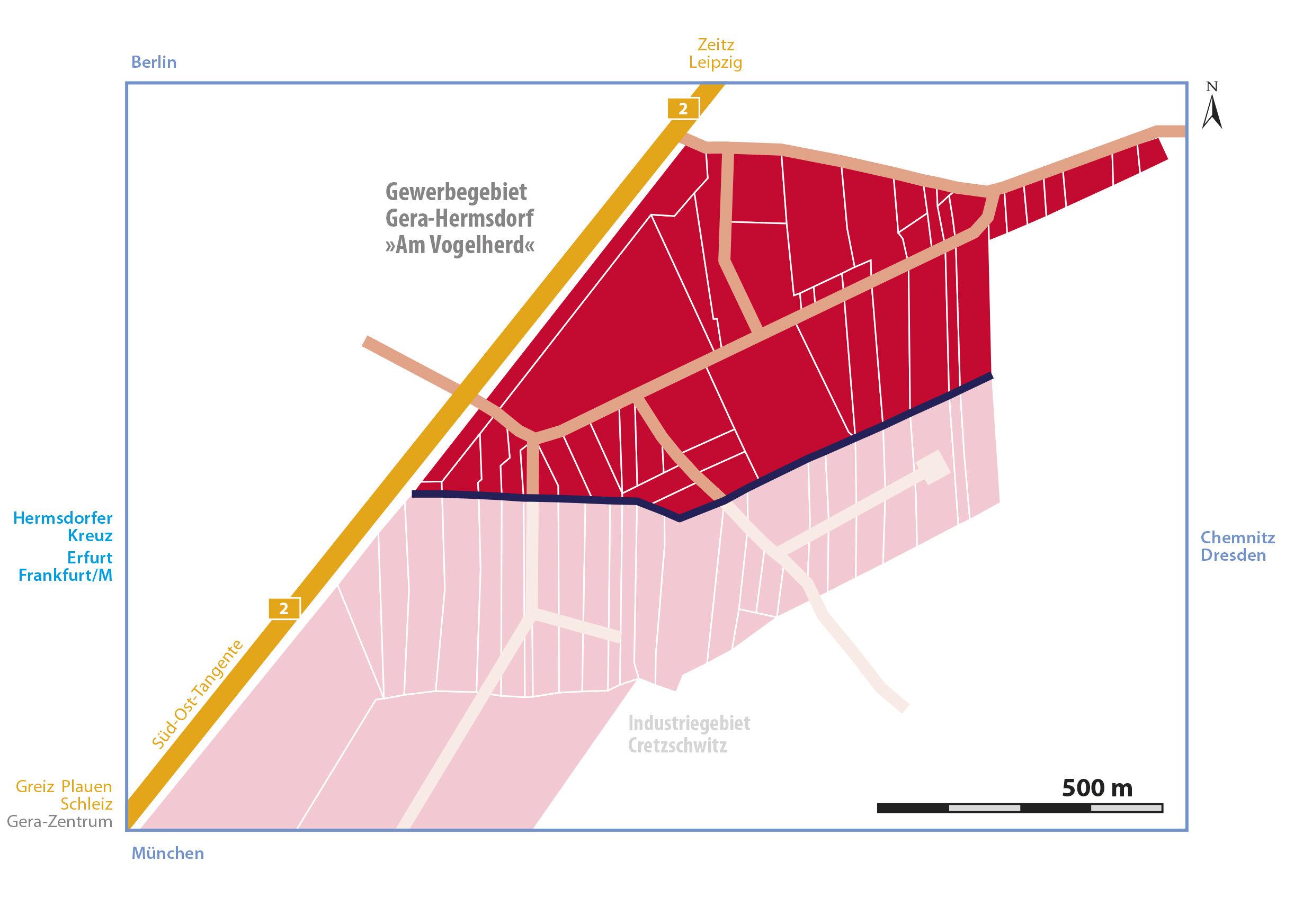 Die Karte zeigt die unmittelbare Anbindung des Gebietes an die B2 und als rosé markierte Fläche die direkte Nachbarschaft zum Industriegebiet Cretzschwitz.
